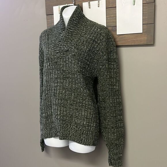 Lambs Wool Blend Heather Green Long Sleeve Cable Knit Cross Cowl Neck Sweater-PL - Picture 2 of 13